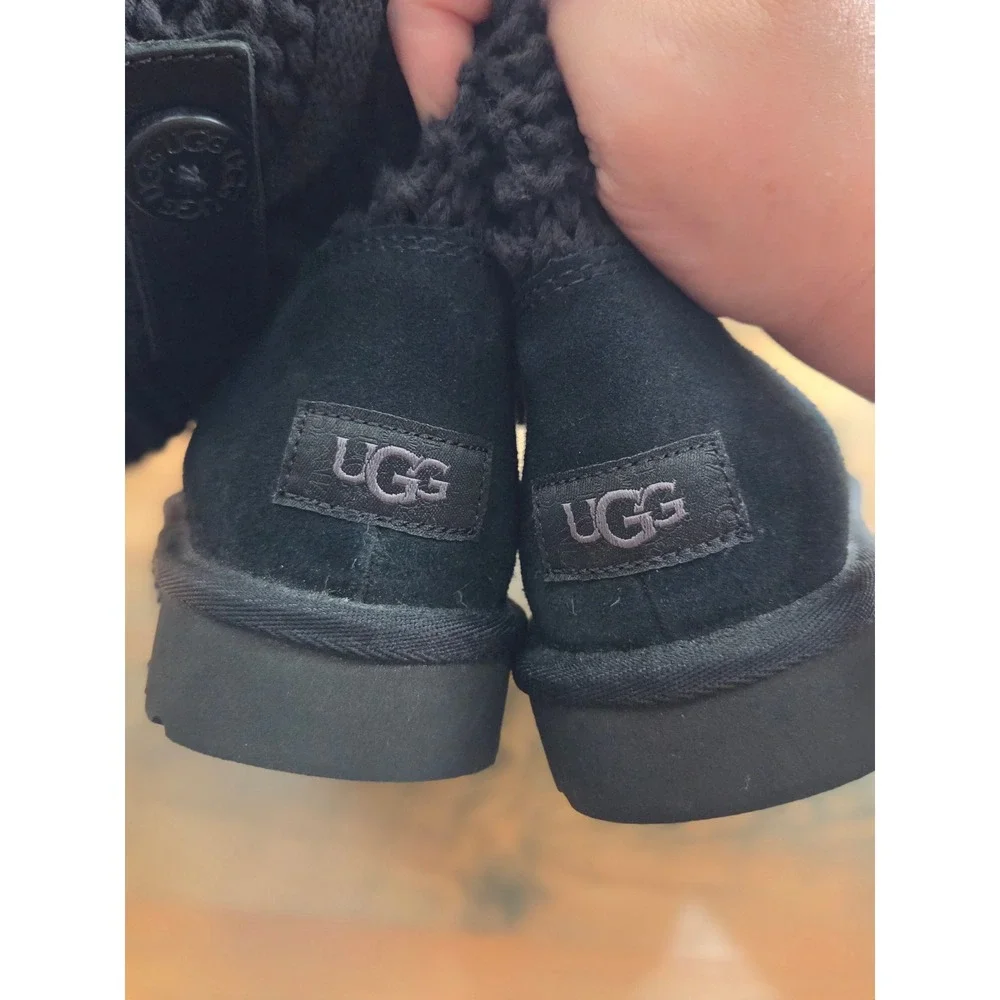 UGG Shania Sweater Knit Slouch Black Suede Knit Cuff Button Boots 7 Shearling